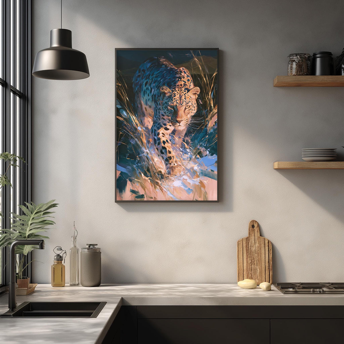 a large framed painting of a leopard on a wall in a modern kitchen setting.