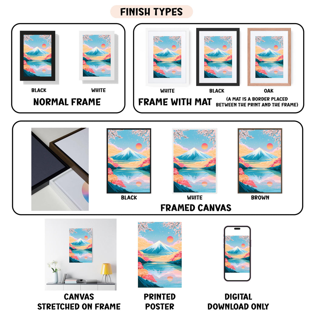 various finish types for a framed artwork, including a black and white normal frame, a white frame with a mat, a black frame, a white framed canvas, a stretched canvas, a printed poster, and a digital download.
