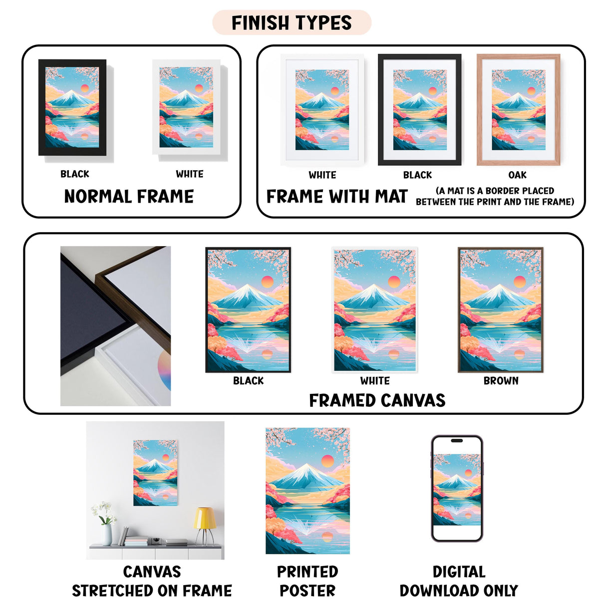various finish types for a framed artwork, including a black and white normal frame, a white frame with a mat, a black frame, a white framed canvas, a stretched canvas, a printed poster, and a digital download.