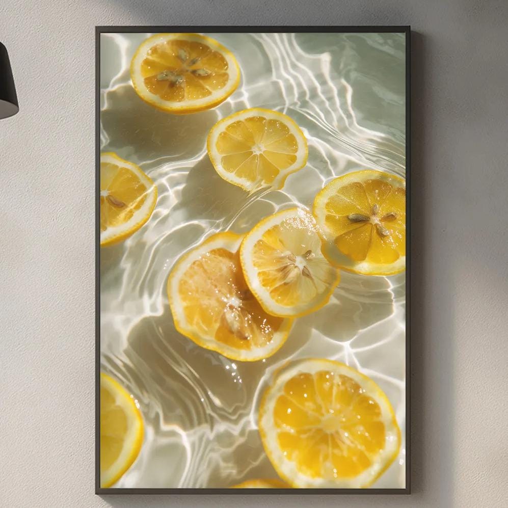 a kitchen counter with a framed photograph of sliced lemons hanging on the wall above it.