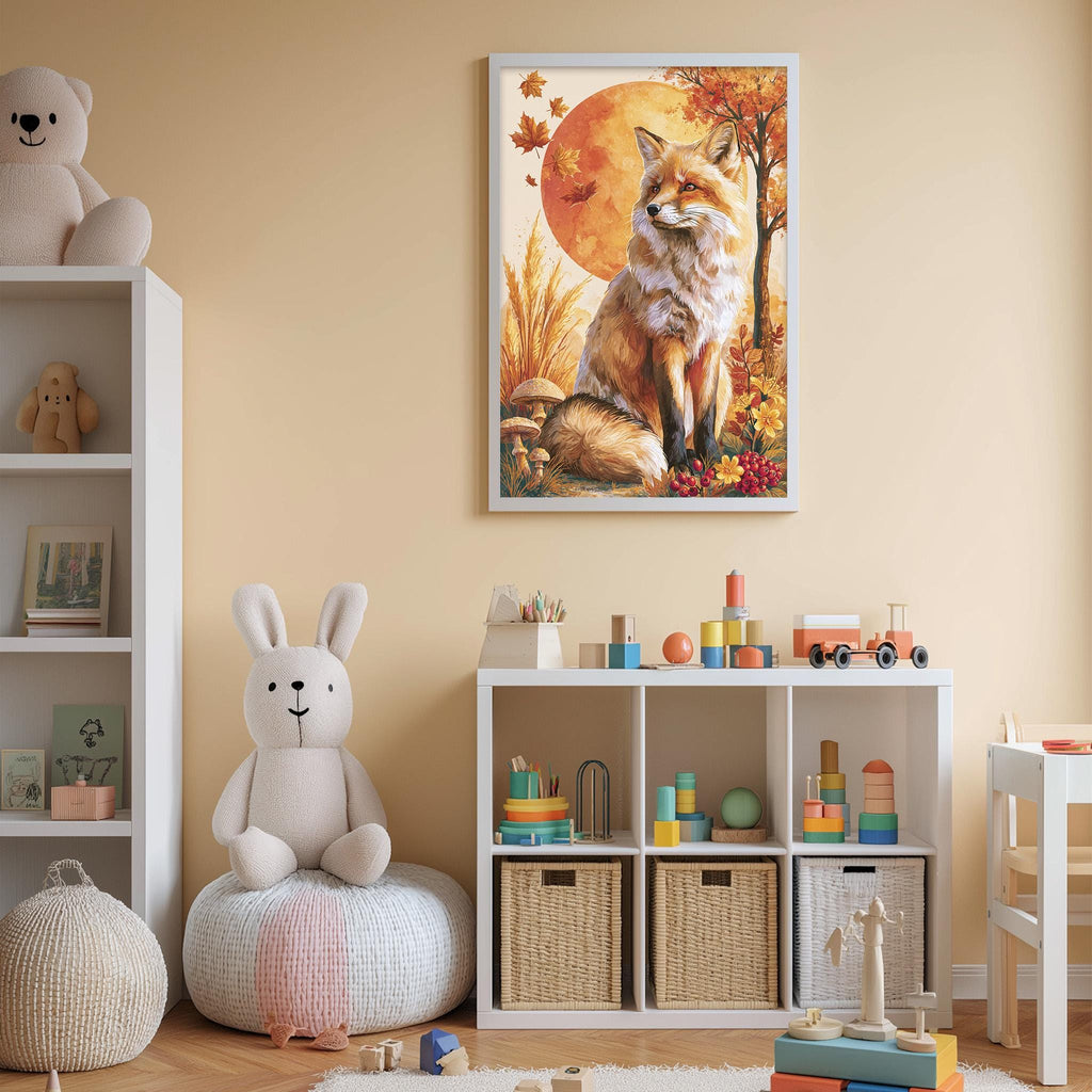 A cozy children's room with a large stuffed rabbit, a framed painting of a fox, and a bookshelf filled with toys and books.