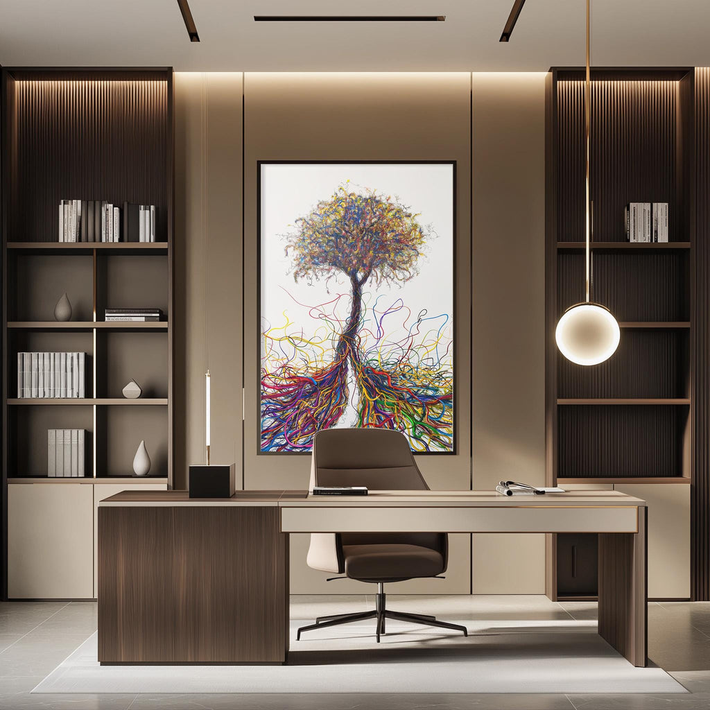 a modern and stylish office space with a large abstract tree painting as the focal point. The office features a wooden desk, a comfortable chair, and a bookshelf filled with books and decorative items. The overall design and decor create a professional and creative atmosphere.