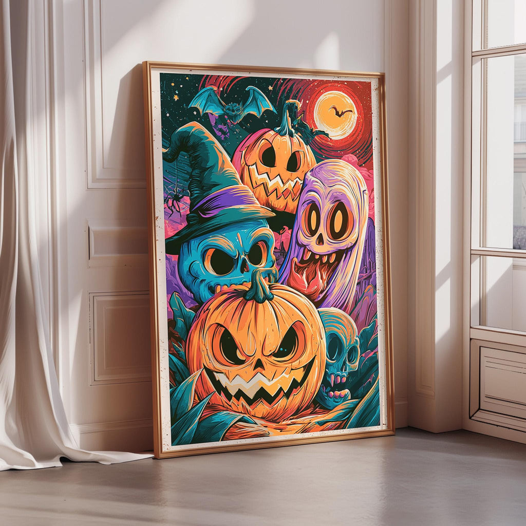 a Halloween-themed poster with a variety of spooky and eerie characters, including a witch, jack-o-lanterns, bats, and skulls.