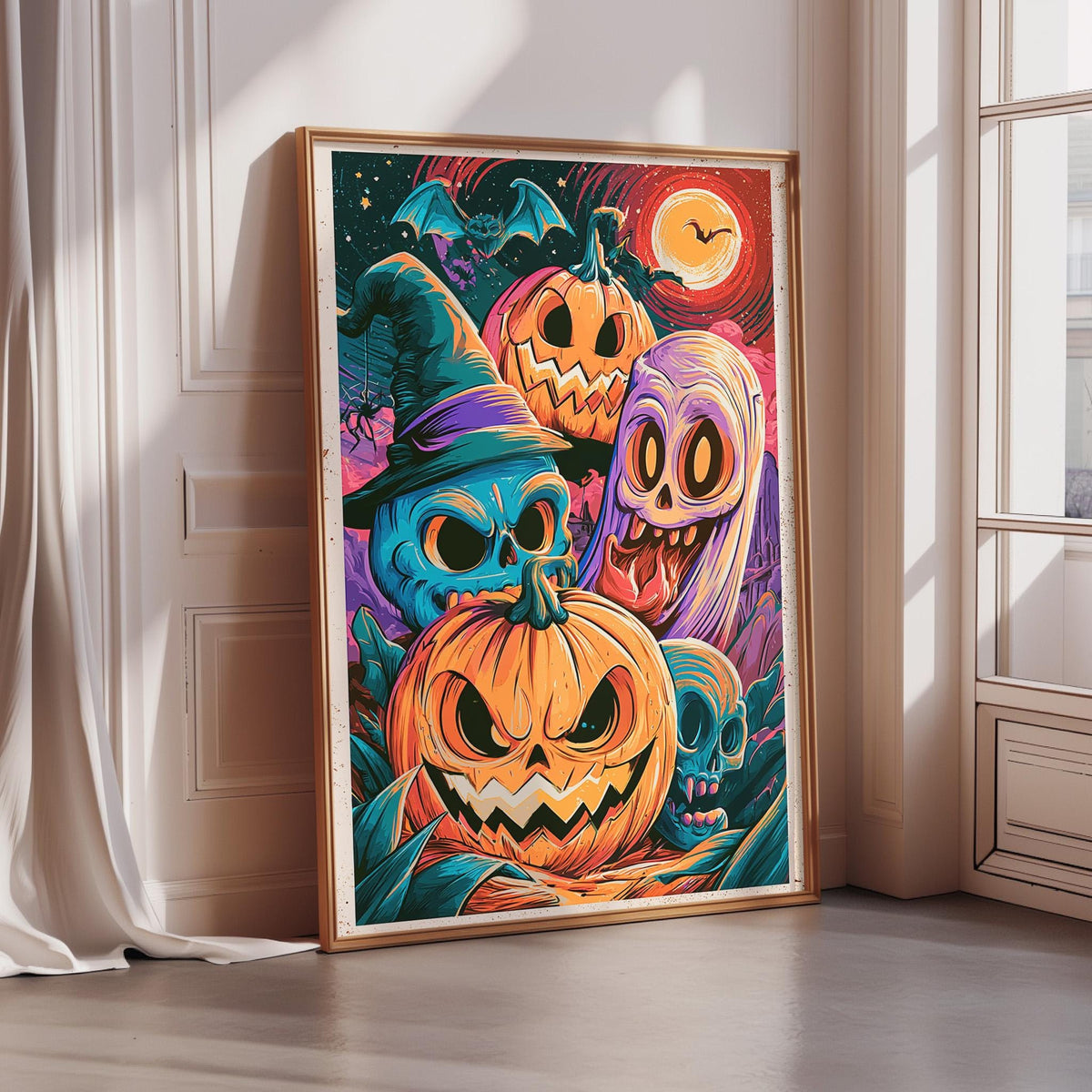 a Halloween-themed poster with a variety of spooky and eerie characters, including a witch, jack-o-lanterns, bats, and skulls.