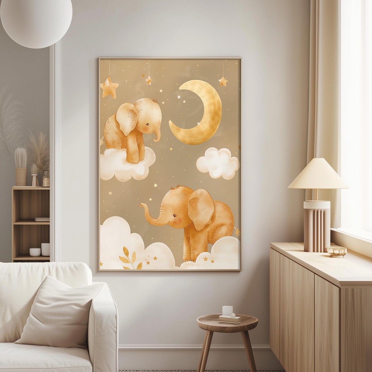 a cozy living room with a large framed picture of two elephants sitting on clouds, gazing up at the night sky. The elephants are surrounded by stars and a crescent moon, creating a whimsical and dreamy atmosphere. The room is decorated with a white sofa, a wooden side table, and a lamp, contributing to the overall warm and inviting ambiance.