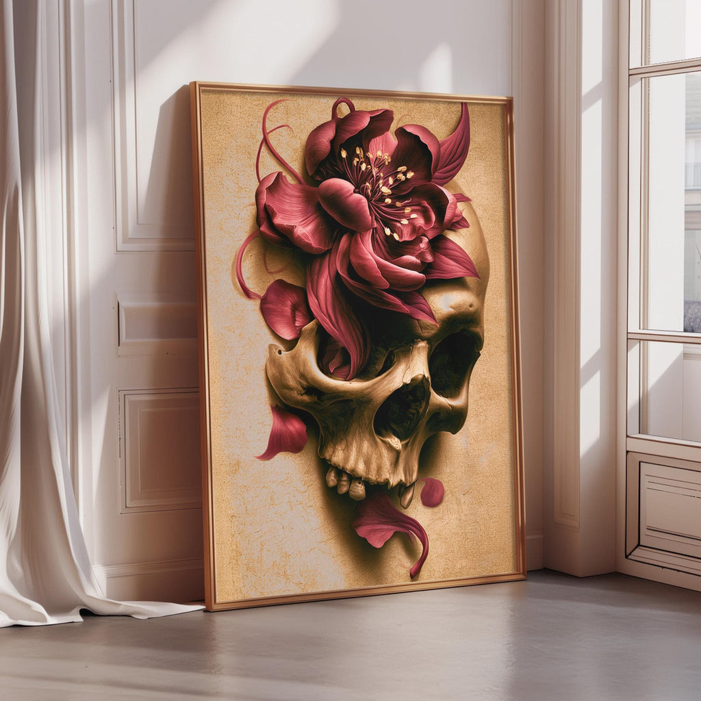a framed artwork depicting a skull with a large, vibrant pink flower adorning its head.