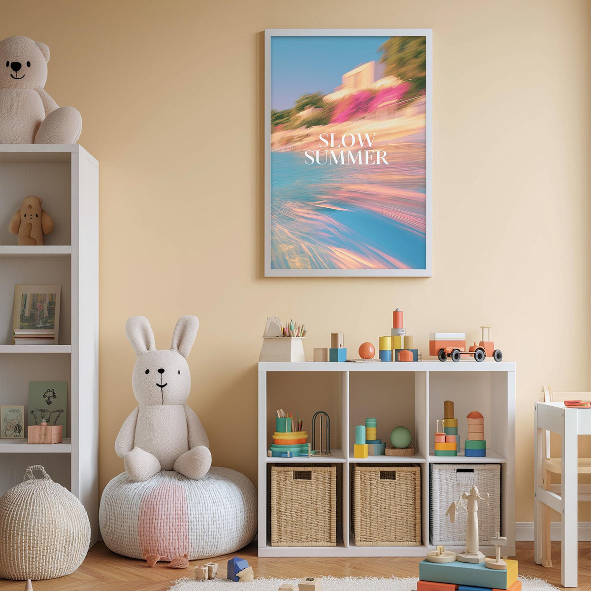 A child's bedroom with a white bookshelf, a stuffed rabbit, and a colorful poster on the wall. The poster features a beach scene with a blue sky and a pink and orange sunset.