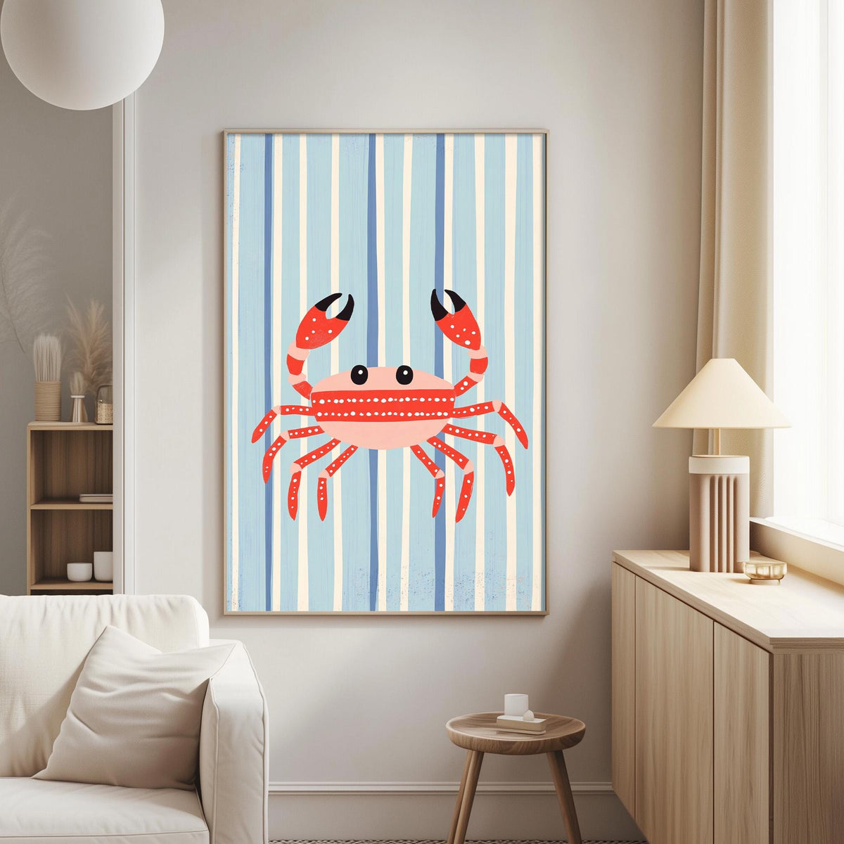 a living room with a large framed picture of a red crab on the wall.