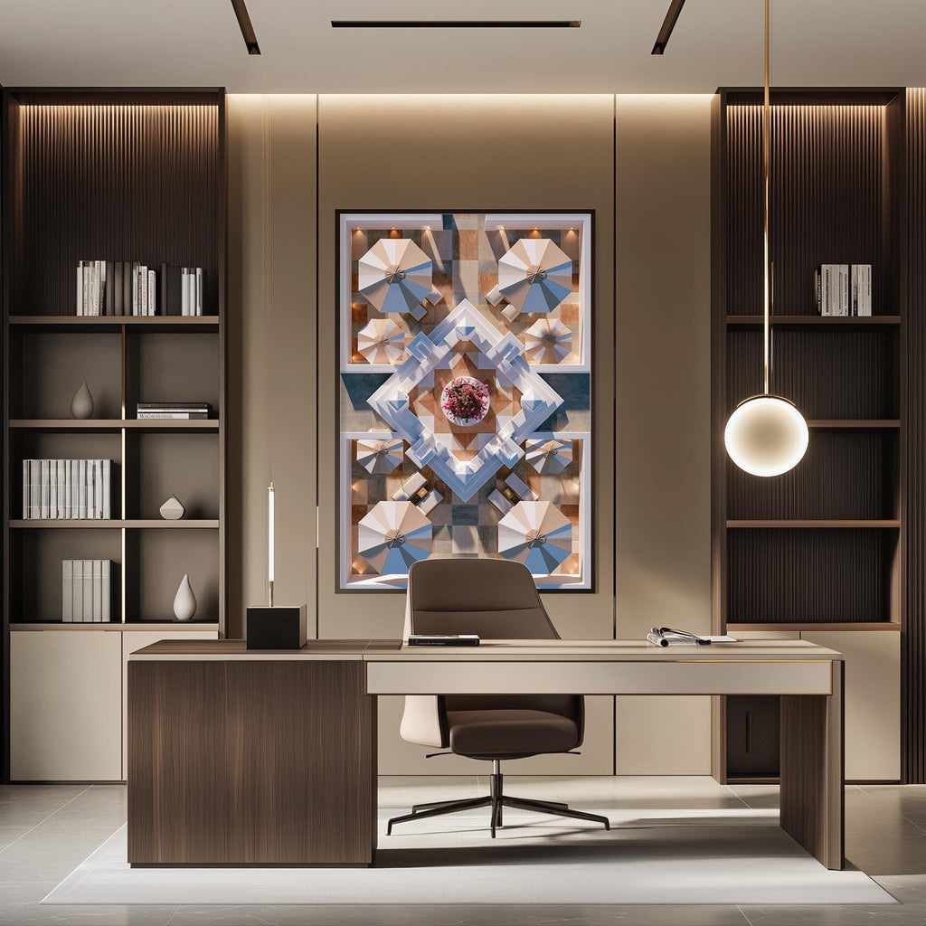 a modern and stylish office space with a large abstract painting on the wall, a wooden desk with a chair, and built-in bookshelves.