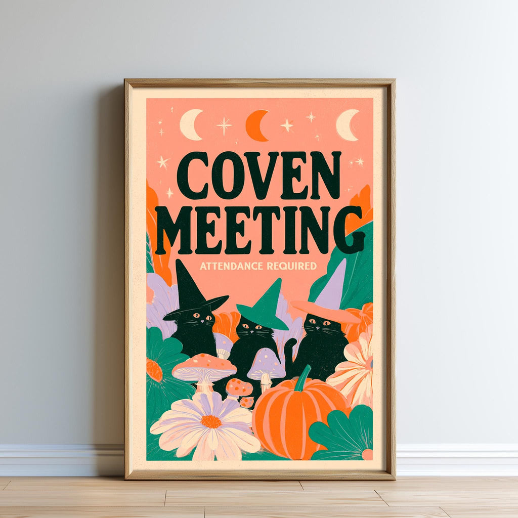 The image is a framed poster with a Halloween theme, featuring three black cats wearing witch hats and surrounded by mushrooms, pumpkins, and other fall-themed elements.