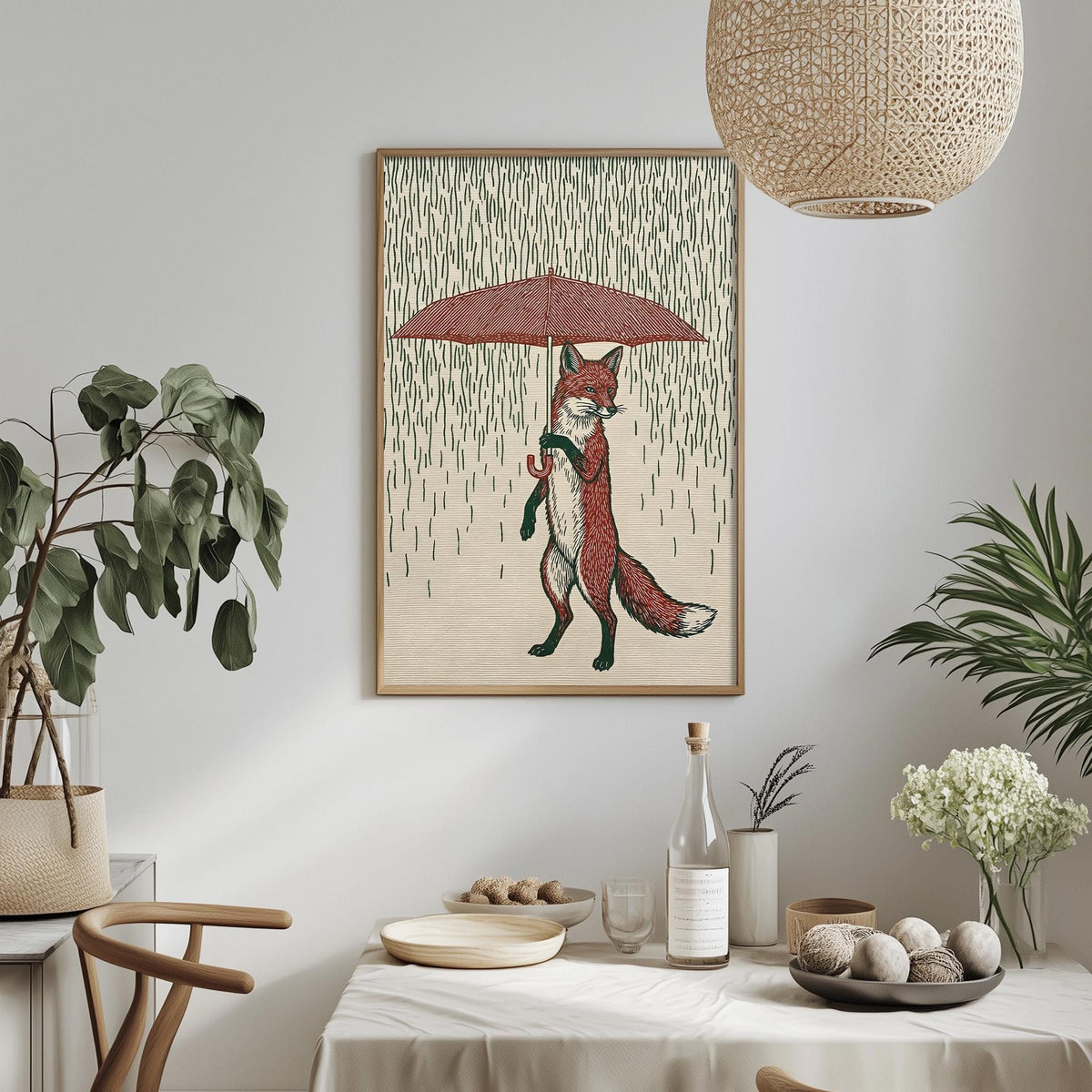 a framed illustration of a fox holding an umbrella, set against a backdrop of falling leaves, with a dining table and various decorative items in the foreground.