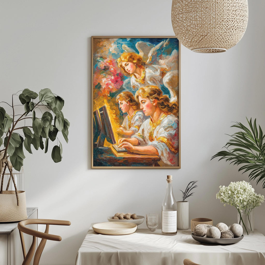 a painting of three angels with wings, each holding a musical instrument, such as a piano, flute, and harp, in a room with a dining table, chairs, and potted plants.