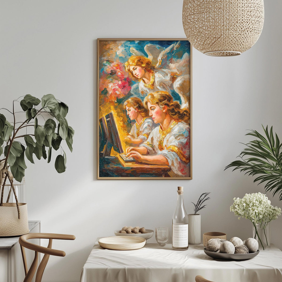 a painting of three angels with wings, each holding a musical instrument, such as a piano, flute, and harp, in a room with a dining table, chairs, and potted plants.