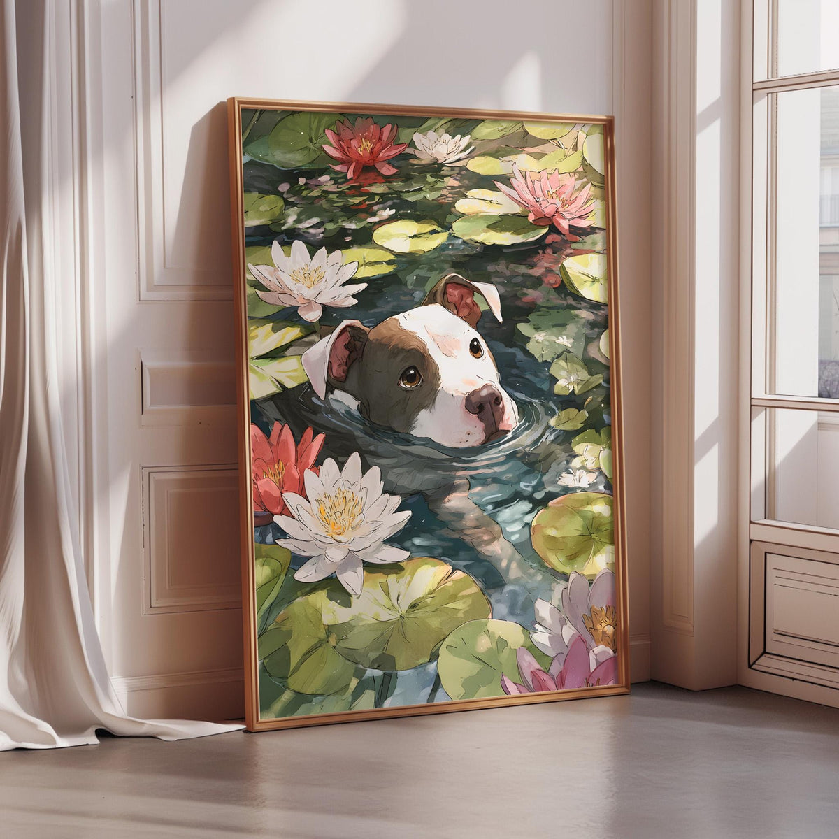 A framed painting depicting a dog swimming in a pond filled with lily pads and water lilies.