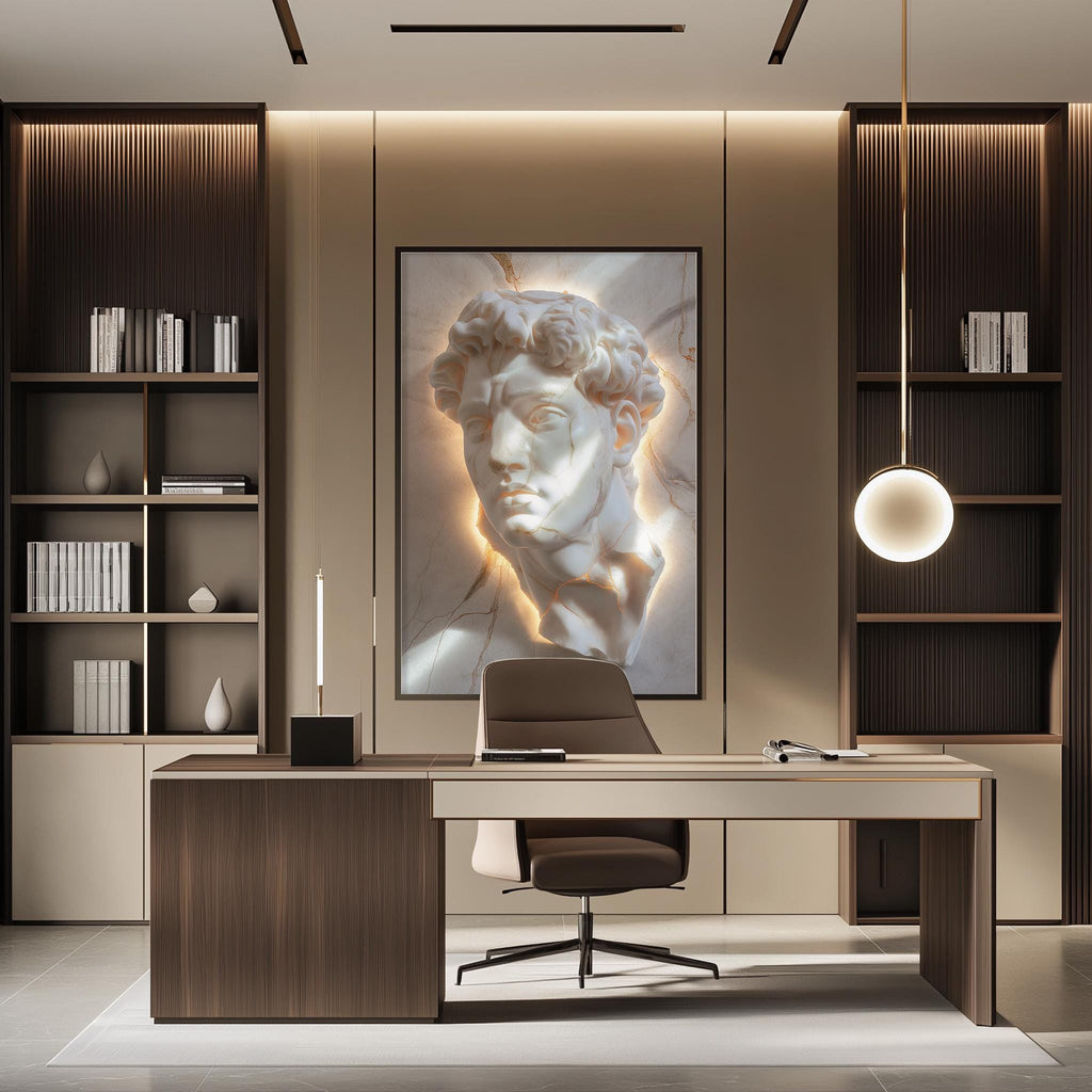 a modern and minimalist office space with a large framed artwork of a marble bust on the wall, a wooden desk with a chair, and built-in bookshelves.