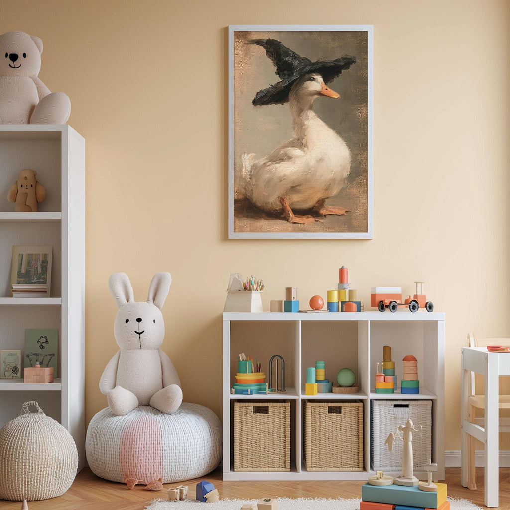 A cozy children's room with a stuffed bunny, a framed painting of a duck, and a toy shelf filled with toys and storage bins.