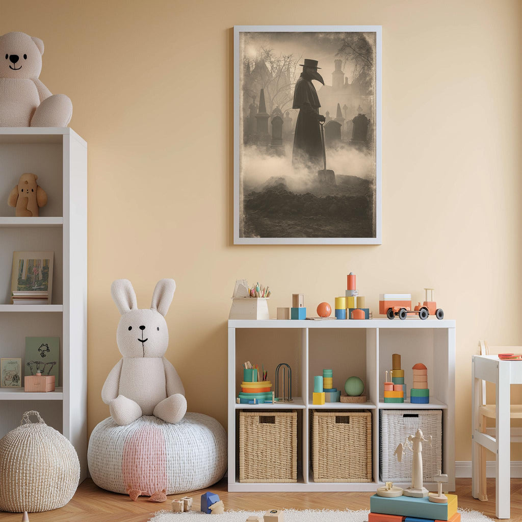 A child's bedroom with a teddy bear, a shelf with toys, and a framed poster of a person in a long black coat and mask.