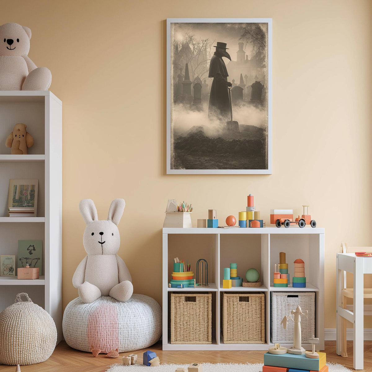 A child's bedroom with a teddy bear, a shelf with toys, and a framed poster of a person in a long black coat and mask.