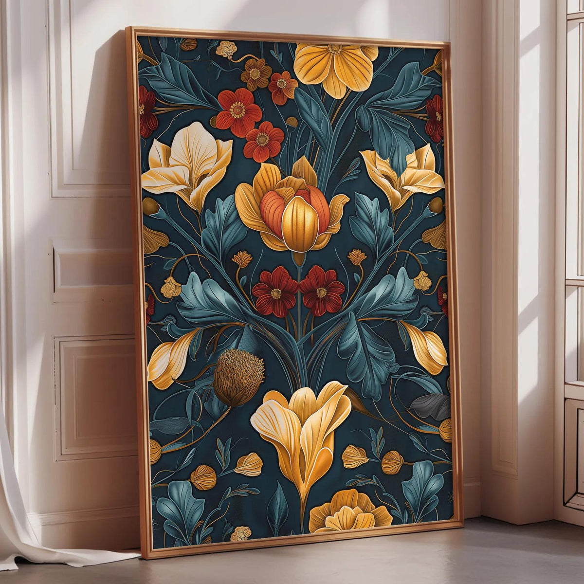 a large, ornate floral print displayed on a wall, with a wooden frame surrounding it.