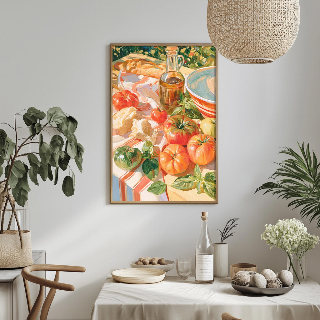 a dining table with a white tablecloth, a bowl of fruit, a bottle of olive oil, and a vase of flowers. A framed painting of a table with various food items, including tomatoes, bread, and cheese, hangs on the wall above the table.