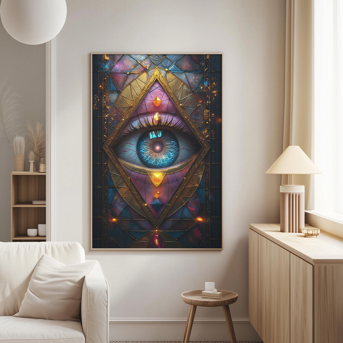 a large, colorful painting of an eye on a wall in a living room setting.