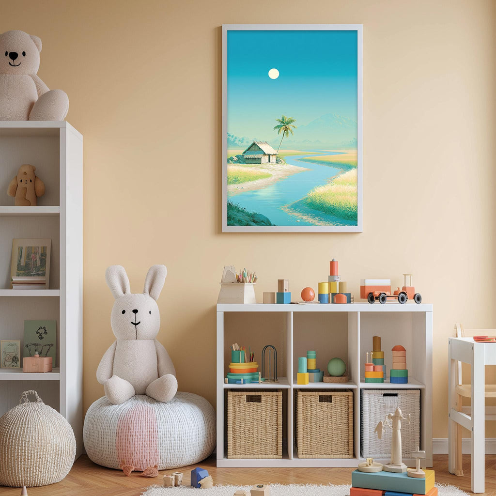 A cozy children's room with a large stuffed bunny, a bookshelf, and a toy chest filled with toys. The room has a warm, inviting atmosphere with a framed picture of a beach scene hanging on the wall.