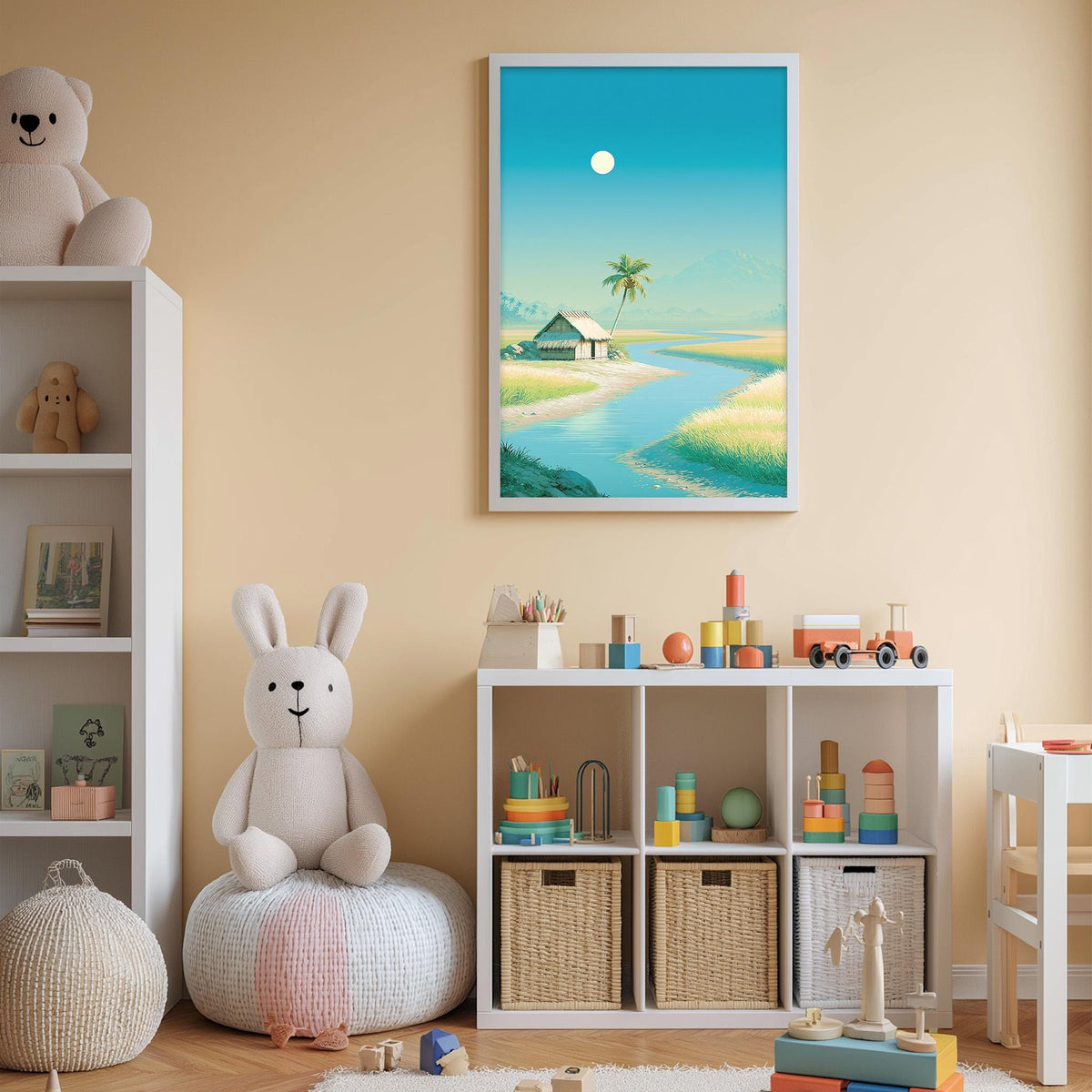A cozy children's room with a large stuffed bunny, a bookshelf, and a toy chest filled with toys. The room has a warm, inviting atmosphere with a framed picture of a beach scene hanging on the wall.