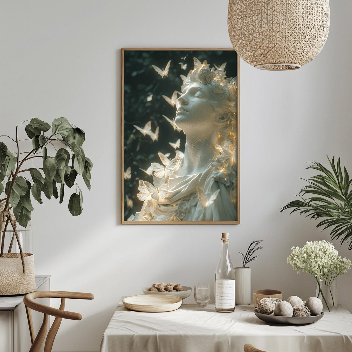 a framed photograph of a woman with butterflies adorning her hair, hanging on a wall above a table with various decorative items.