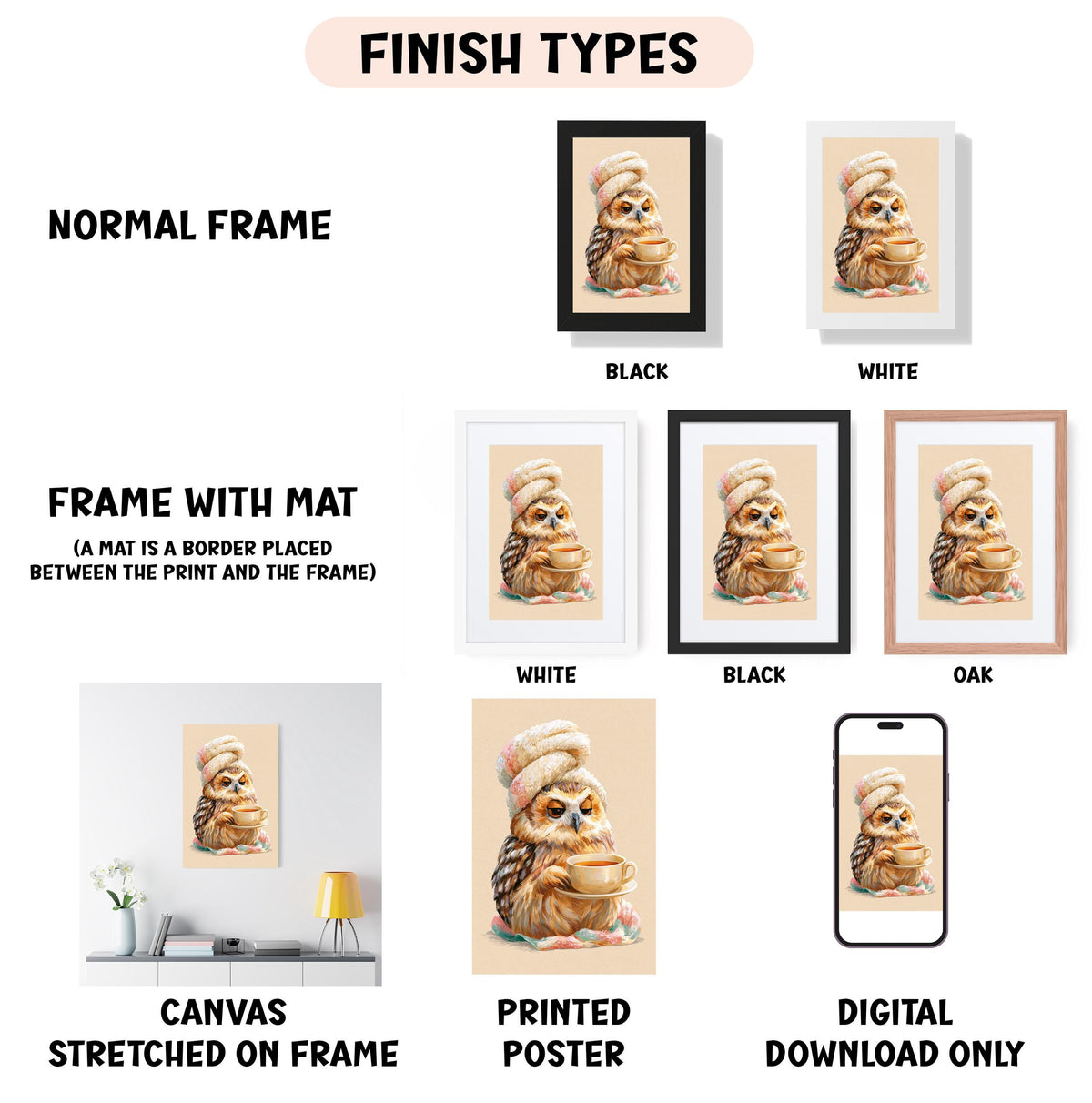 various descriptions of different finish types for a framed artwork, including a normal frame, a frame with a mat, a white frame, a black frame, an oak frame, a canvas stretched on a frame, a printed poster, and a digital download only.