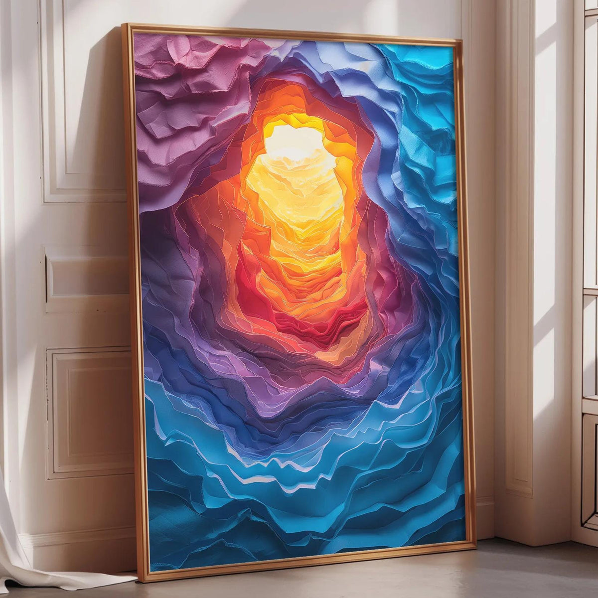 a vibrant abstract painting with a colorful, swirling design that appears to be a representation of a rainbow or a similar natural phenomenon.