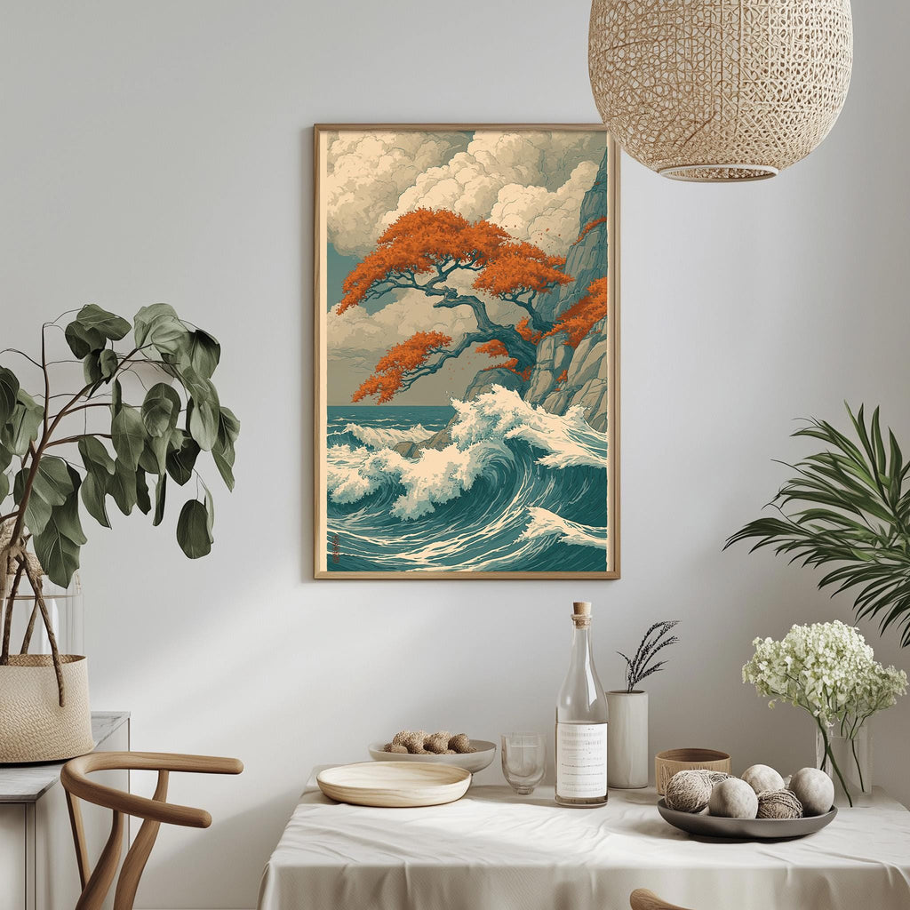 a dining table with a white tablecloth, a bottle, a bowl, and a vase with flowers. Above the table, there is a framed painting depicting a serene ocean scene with a tree and waves.