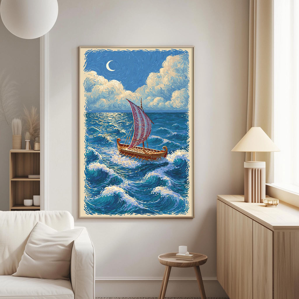 a large painting of a sailboat on the ocean, hanging on a wall in a living room.