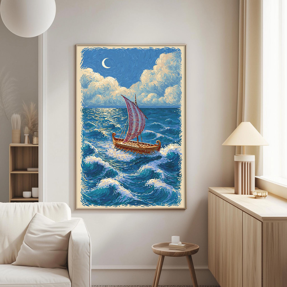 a large painting of a sailboat on the ocean, hanging on a wall in a living room.