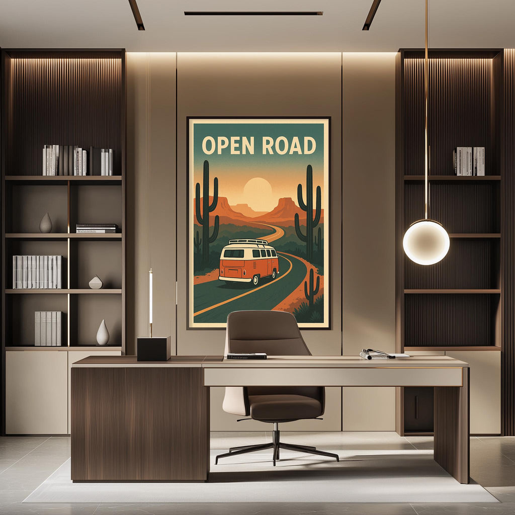 a modern office space with a large poster of a road leading to a van in the background, along with a desk and chair in the foreground.