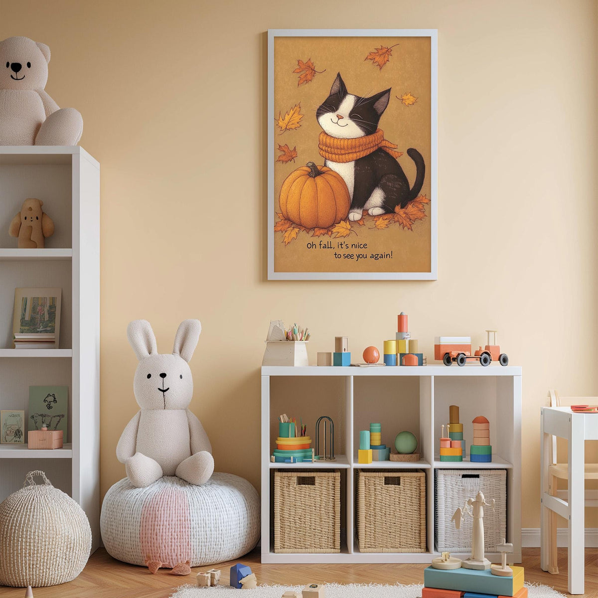 A cozy children's room with a white bookshelf, a stuffed rabbit, a stuffed cat, and a framed picture of a cat holding a pumpkin. The room also has a toy chest and a shelf with various toys and books.