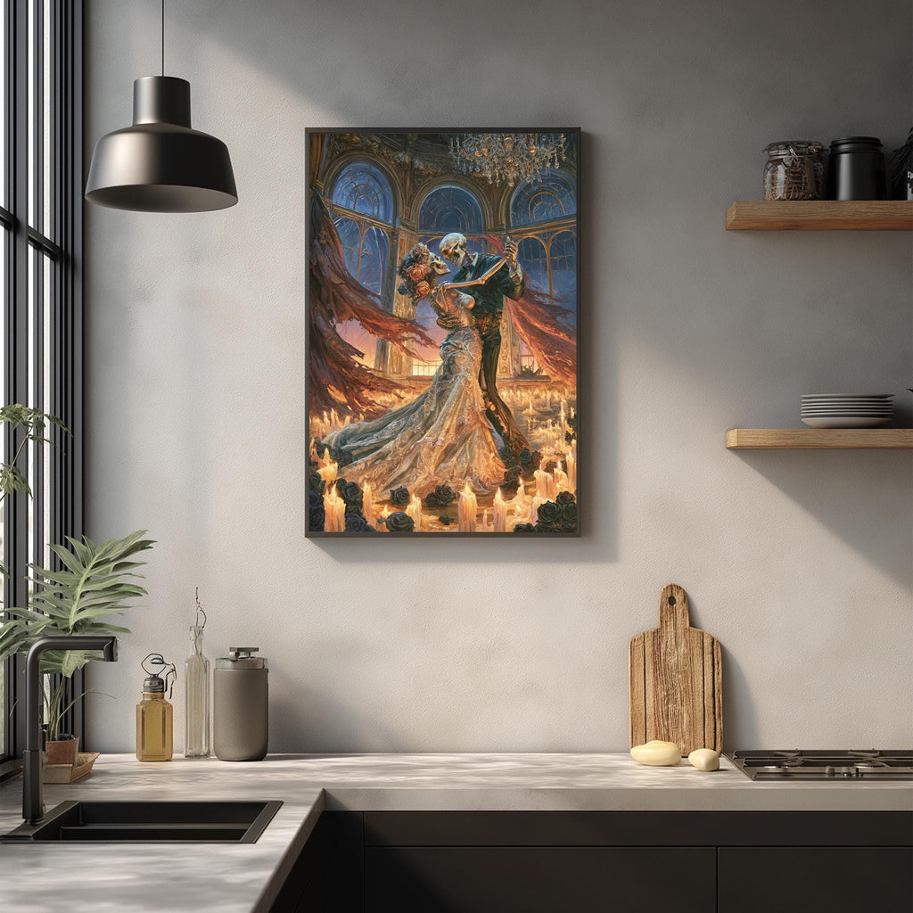 a framed painting of a couple dancing in a ballroom, with a chandelier and other decorative elements in the background.