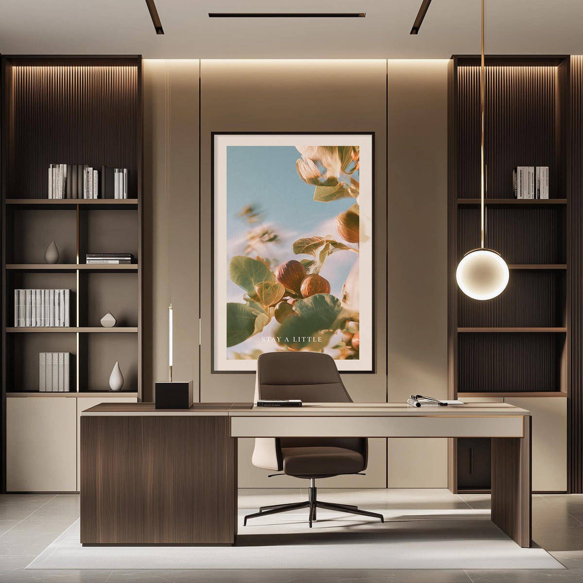 a modern and well-organized office space with a large framed artwork featuring a floral design on the wall. The office features a wooden desk, a comfortable-looking chair, and a pendant light above the desk, creating a warm and inviting atmosphere.