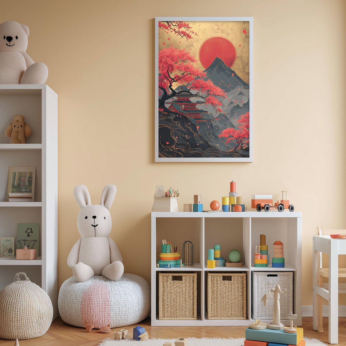 A child's bedroom with a large framed artwork depicting a serene landscape with a red sun, pink trees, and a mountain in the background. The room is decorated with a teddy bear, a shelf with toys, and a colorful rug.