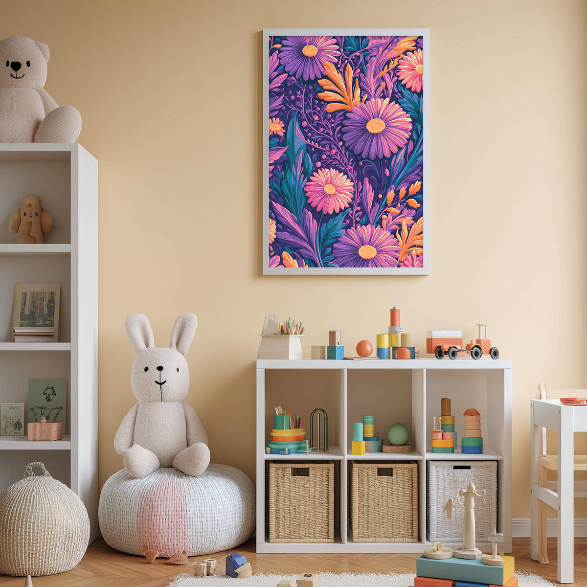 A cozy and colorful children's bedroom with a large floral print on the wall, a white bookshelf filled with toys, and a plush rabbit sitting on a bean bag chair.
