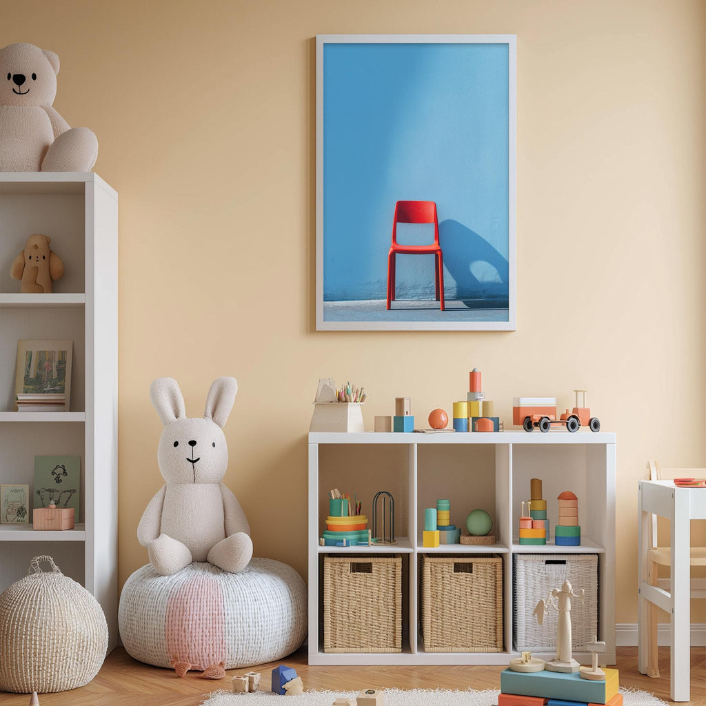 A cozy children's playroom with a white chair, stuffed animals, and a bookshelf filled with toys and books.