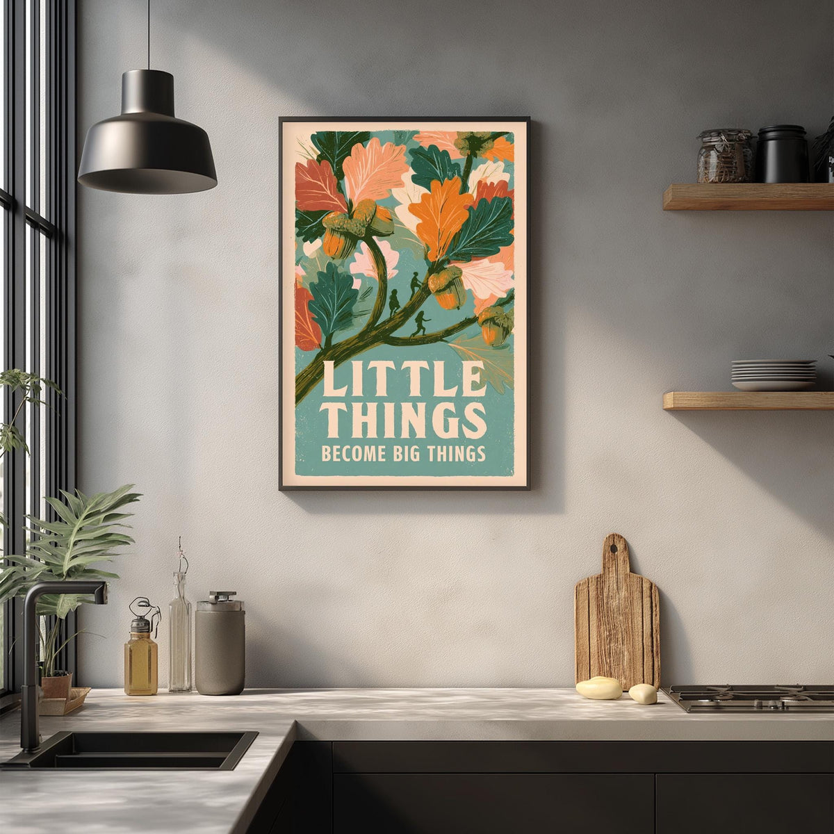 a framed poster with a vibrant floral design hanging on a wall above a kitchen counter.