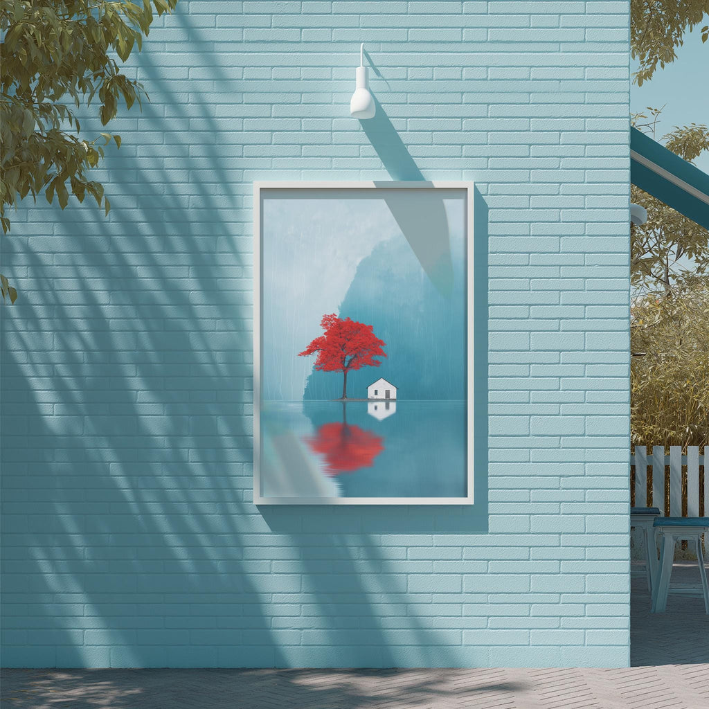 a blue brick wall with a framed painting of a red tree reflected in a body of water, creating a serene and peaceful atmosphere.