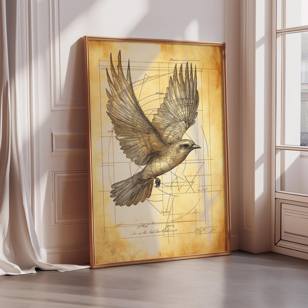 a large framed painting of a bird in flight, with a detailed illustration of the bird's wings and body.