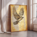 a large framed painting of a bird in flight, with a detailed illustration of the bird's wings and body.