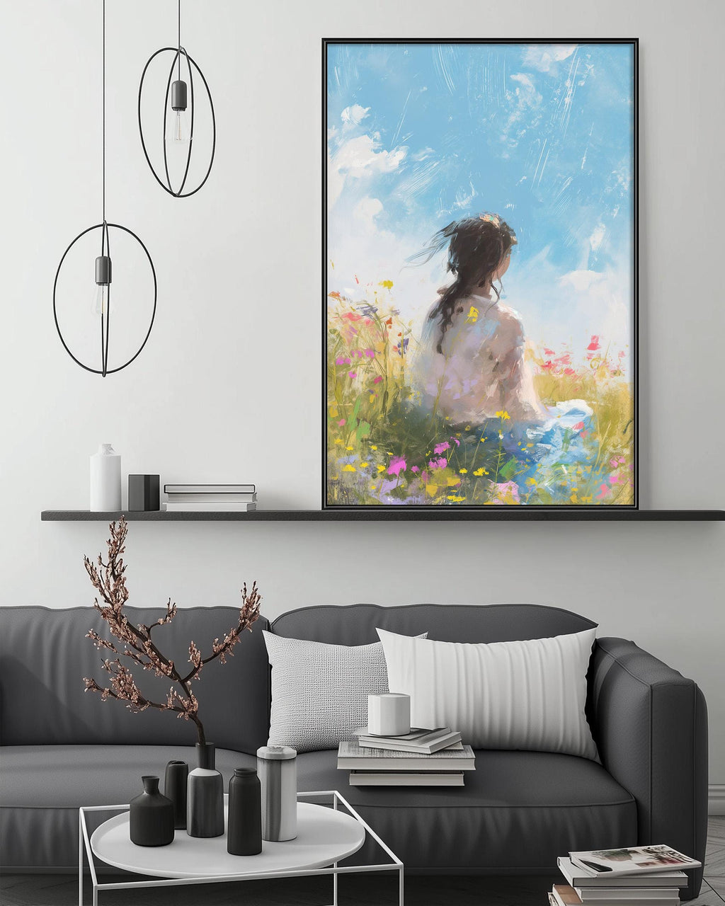 a cozy living room with a gray sofa, a coffee table, and a large painting of a woman sitting in a field of flowers hanging on the wall above the sofa.