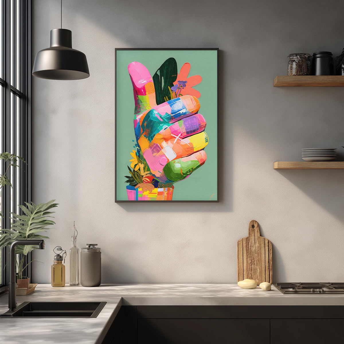 a vibrant, colorful painting of a hand, hanging on a wall above a kitchen counter.