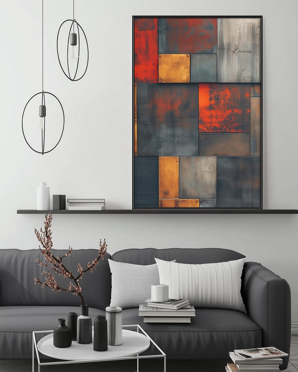 a modern living room with a gray sofa, a coffee table, and a large abstract painting on the wall above the sofa.