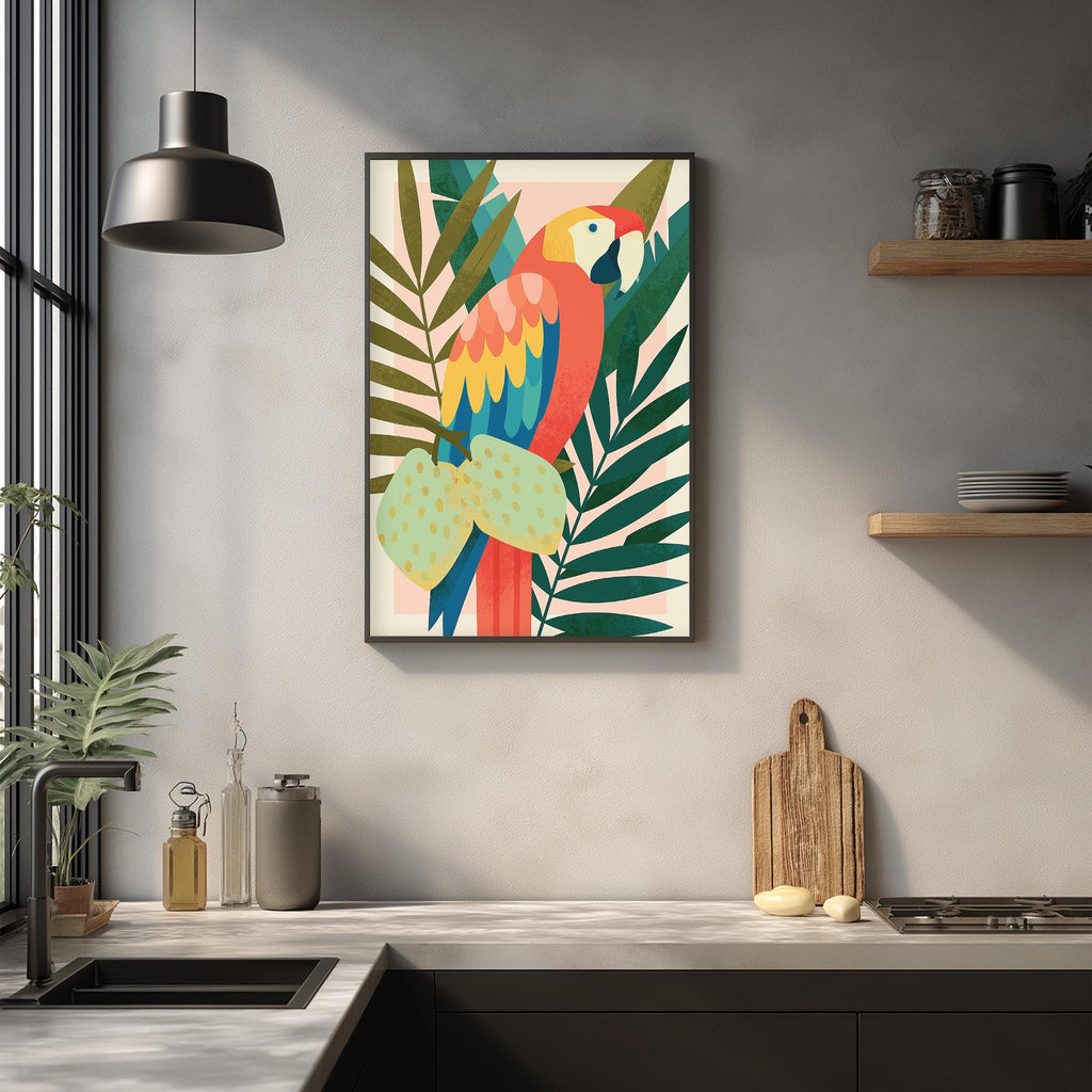 a kitchen counter with a framed painting of a colorful parrot perched on a leafy plant. The painting is hanging on the wall above the counter, which has various kitchen items such as a cutting board, a bottle, and a bowl.