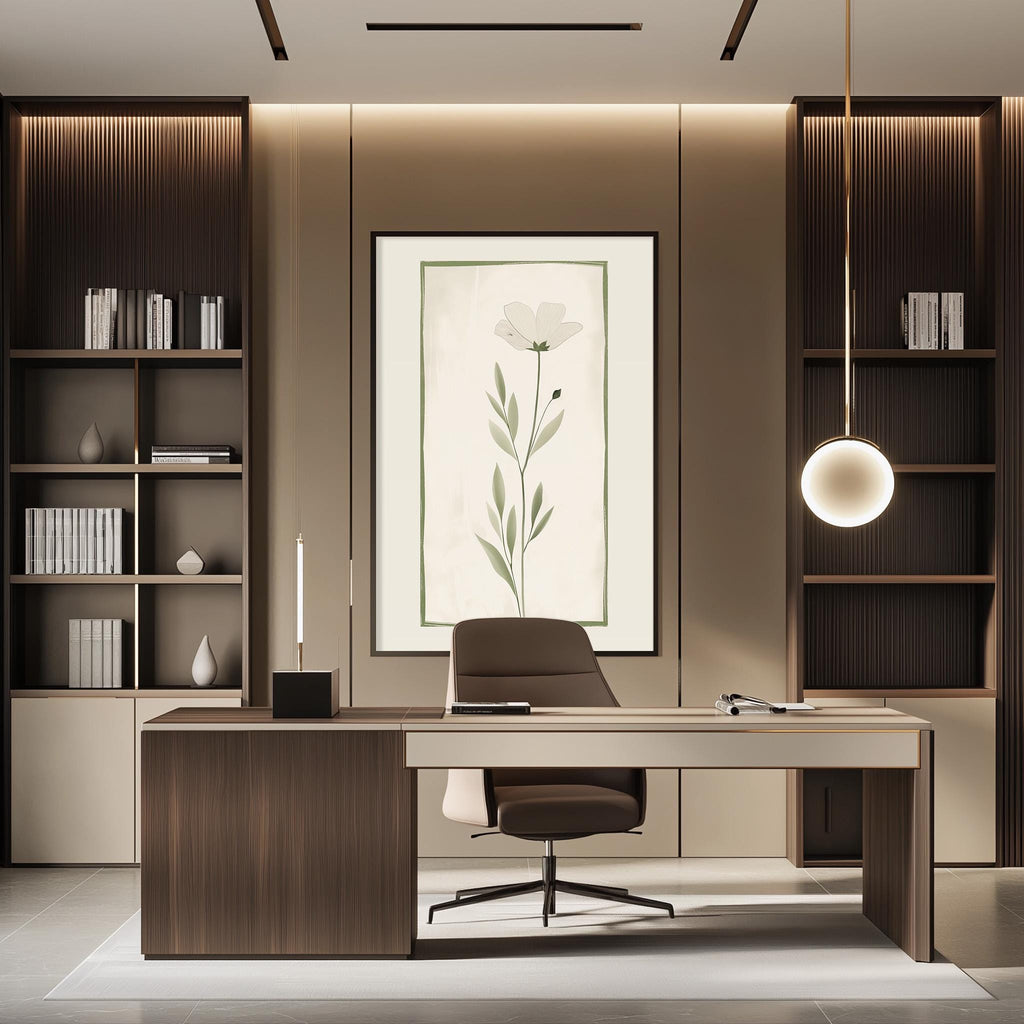 a modern and minimalist office space with a large wooden desk, a comfortable-looking chair, and a large framed artwork featuring a flower on the wall.