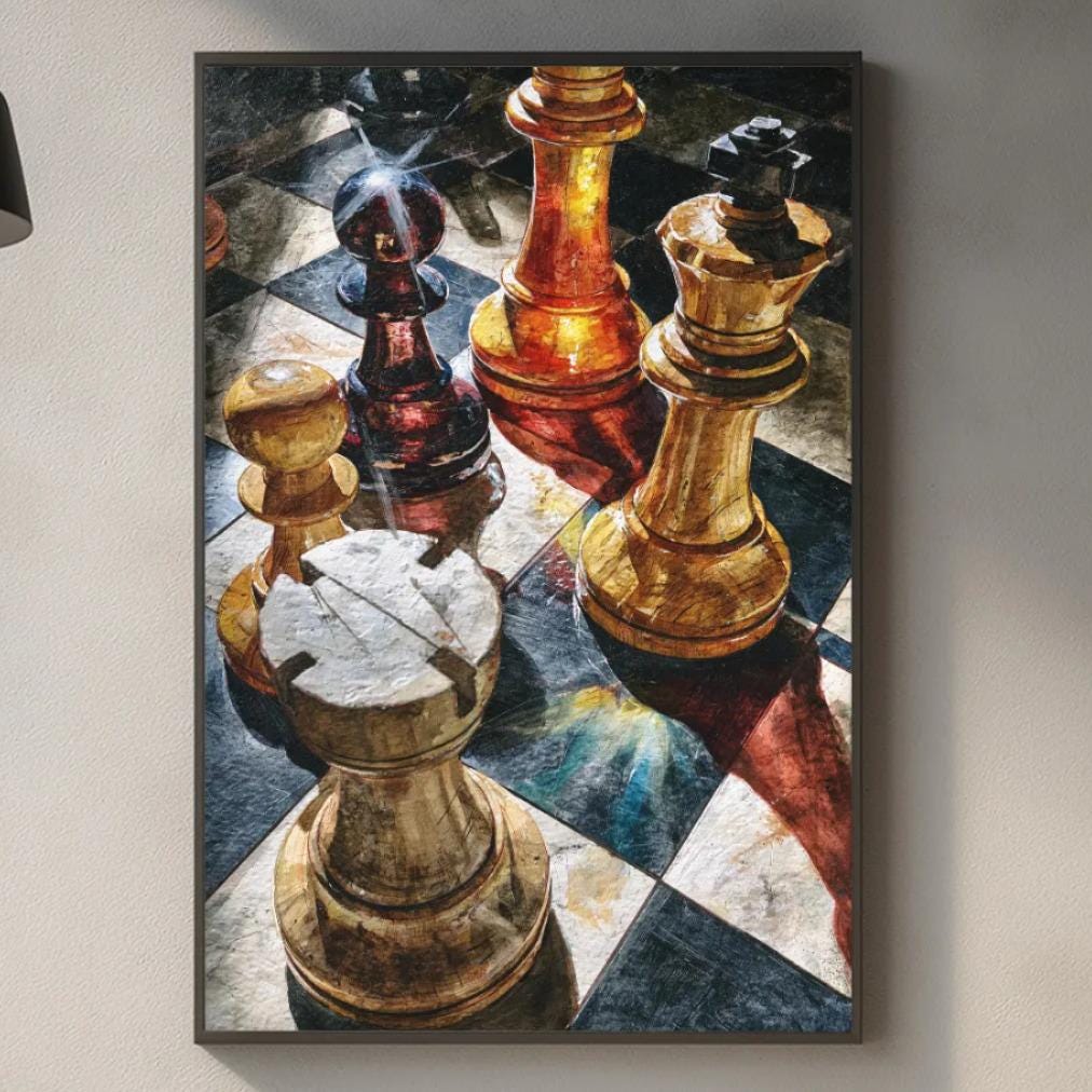 a kitchen counter with various kitchen items, including a cutting board, a knife, and a bottle. Above the counter, there is a framed painting of chess pieces on a checkered tablecloth.